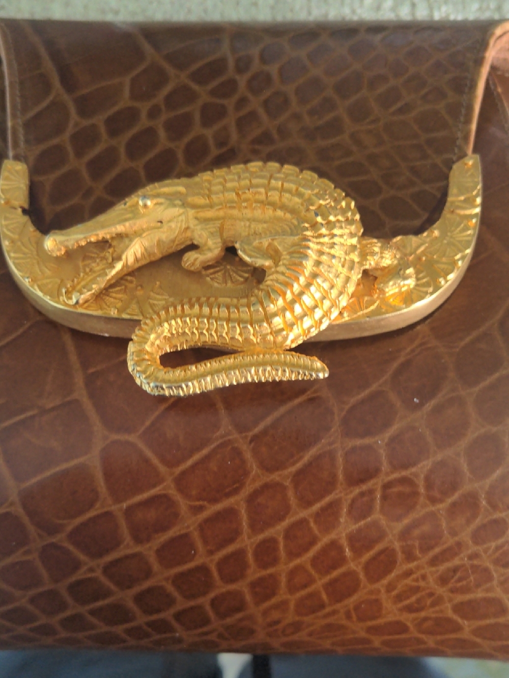 Vintage Faux  Crocodile Crossbody Bag,,  Structured, Heavy Brass Crocodile, - Picture 2 of 14